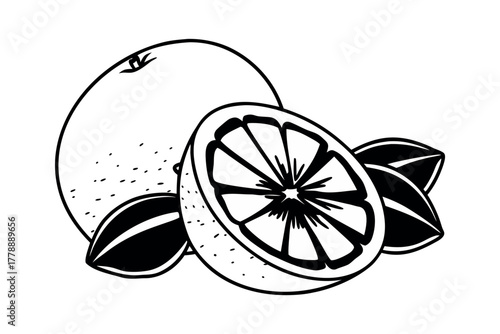 Orange fruit half and whole with leaves