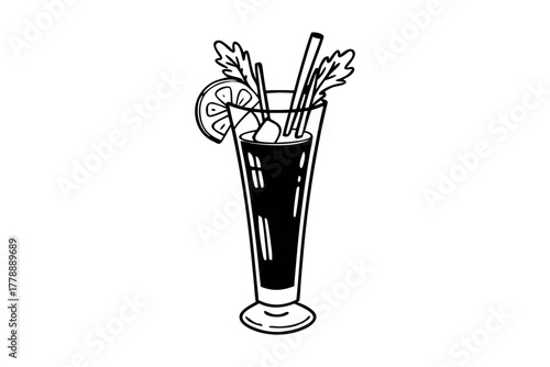 Tall glass filled with dark liquid and garnished with lemon slice and celery