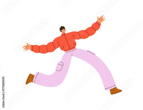 Happy man running and jumping. Energetic excited cheerful young person with o...