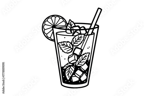 Tall glass drink with ice and mint garnish