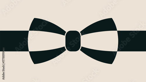 A graphic illustration of a stylized black bow tie against a light beige background in a simple design