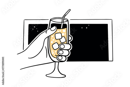 Hand holding chilled beverage with straw and ice cubes