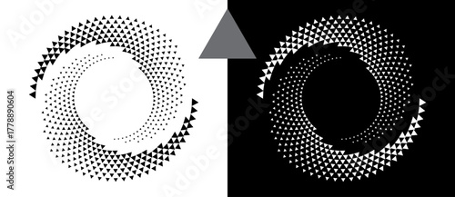 Abstract background with triangles in circle. Art design spiral as logo or icon. A black figure on a white background and an equally white figure on the black side.