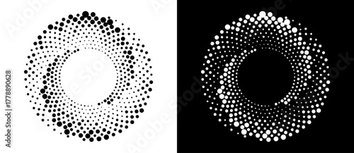 Modern abstract background. Halftone dots in circle form. Round logo. Vector dotted frame. Design element or icon, logo. Black shape on a white background and the same white shape on the black side.