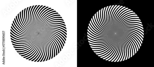 Abstract background with lines in circle. Creative spiral as logo or icon, sun concept. Black lines on a white background and white lines on the black side.