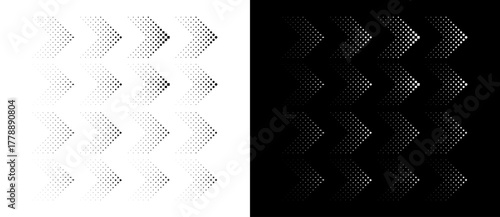 Set of arrows with halftone effect. Black figures on a white background and an equally white figures on the black side.