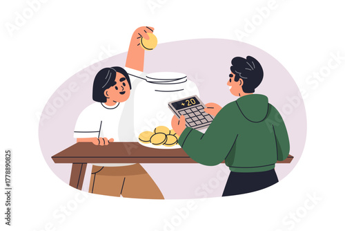 Kids saving money. Children counting coins in jar. Financial literacy concept. Little boy and girl planning budget with calculator, cash. Flat vector illustration isolated on white background