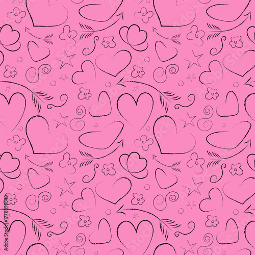 Bold emo seamless vector pattern featuring a dense arrangement of hand drawn sketchy black hearts, arrows, and stars on a hot pink background, perfect for youthful gift wrap or Valentine's designs.