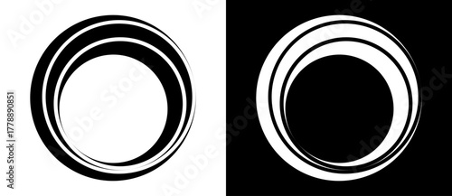 Rotating art lines in circle shape as symbol, logo or icon. A black figure on a white background and an equally white figure on the black side.