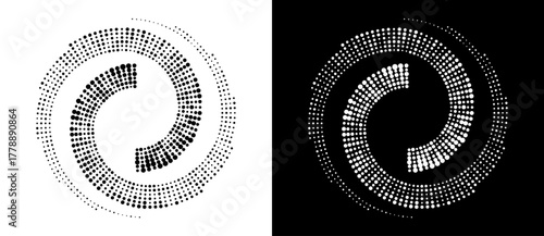 Modern abstract background. Halftone dots in circle form. Round logo. Vector dotted frame. Design element or icon, logo. Black shape on a white background and the same white shape on the black side.