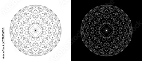 Abstract figure of thin lines in circle. Spiritual symbol like tattoo or logo. Black shape on a white background and the same white shape on the black side.