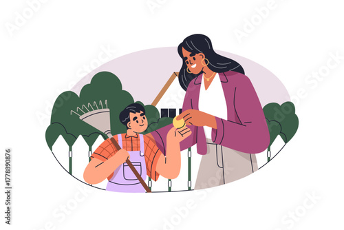 Paying money to child, kid for work in garden. Mother giving coin to son. Little boy earning cash reward, wage, payment for backyard job. Flat vector illustration isolated on white background