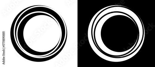 Rotating art lines in circle shape as symbol, logo or icon. A black figure on a white background and an equally white figure on the black side.