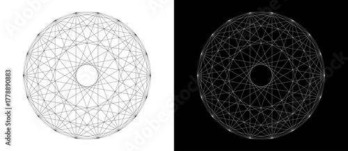 Abstract figure of thin lines in circle. Spiritual symbol like tattoo or logo. Black shape on a white background and the same white shape on the black side.