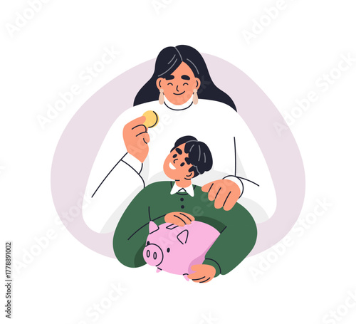 Mother and kid saving money, putting coin into piggy bank. Mom and child with piggybank, moneybox. Financial literacy, teaching finance concept. Flat vector illustration isolated on white background