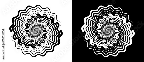 Circle with wave lines as dynamic abstract vector background or logo or icon. Flower concept. Black spiral on white background and white spiral on black background.