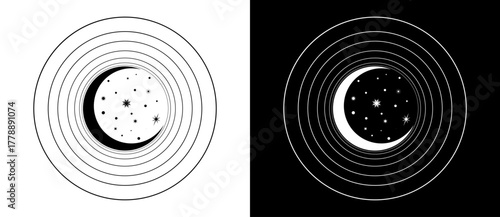 Moon with circles and stars. Abstract background or icon. Black shapes on a white background and the same white shapes on the black side.