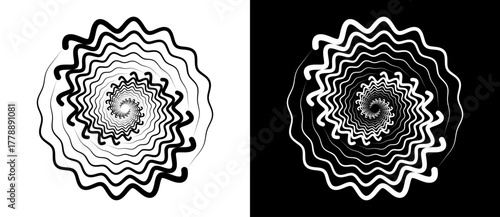 Circle with wave lines as dynamic abstract vector background or logo or icon. Flower concept. Black spiral on white background and white spiral on black background.