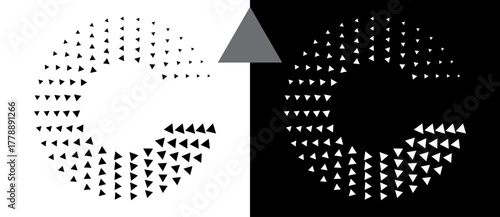 Abstract background with triangles in circle. Art design spiral as logo or icon. A black figure on a white background and an equally white figure on the black side.