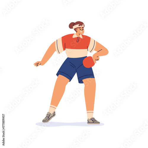 Ping pong player. Woman athlete in action, motion with pingpong racket in hand. Active female playing sport game, training with raquet. Flat vector illustration isolated on white background