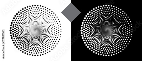 Abstract background with rhombuses in circle. Art design spiral as logo or icon. A black figure on a white background and an equally white figure on the black side.