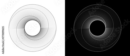 Abstract background with lines and dots in circle. Art lines design as logo or icon. Black lines on a white background and white lines on the black side.