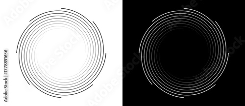 Abstract background with lines in circle. Creative spiral as logo or icon, sun concept. Black lines on a white background and white lines on the black side.