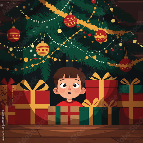 A cartoon boy peeking out from behind a wrapped gift in front of a festively decorated Christmas tree with presents.
