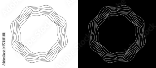 Circle with wave lines as dynamic abstract vector background or logo or icon. Flower concept. Black spiral on white background and white spiral on black background.