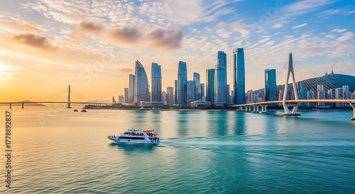Beautiful view of busan city skyline and sea during sunset, south korea
