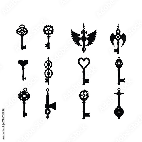 Steampunk key collection with intricate designs.