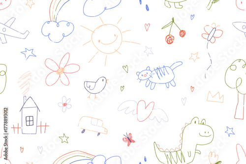 Kids drawings, seamless pattern. Doodle sketches, baby art, endless background. Cute childish scribbles, naive-style repeating print design for wrapping paper, textile. Hand-drawn vector illustration