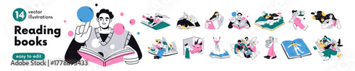 Book concepts, readers set. People read fantasy, fiction, education literature, learning dream world, studying. Imagination, knowledge. Flat graphic vector illustrations isolated on white background