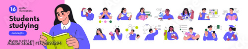 Smart students learning, studying set. Learners characters reading books, writing, thinking, solving schemes. Knowledge and education concept. Flat vector illustrations isolated on white background