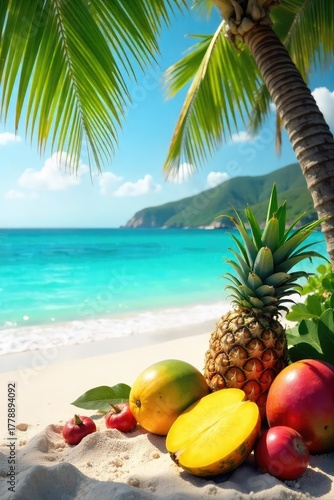 Vibrant tropical beach scene overflowing with exotic fruits; mangoes, pineapples, papayas, and coconuts scattered on the golden sand near turquoise water , coast, paradise, delicious
