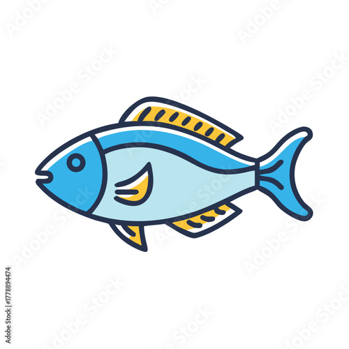 Colored line vector icon of a fish with blue body and fin details