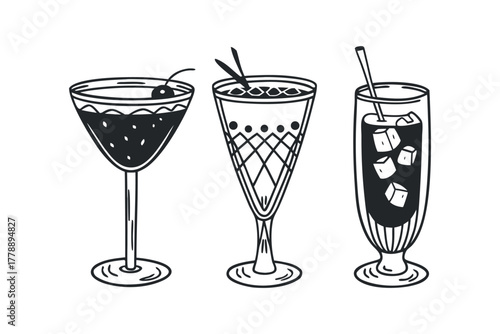 Three different drink glasses filled with beverage