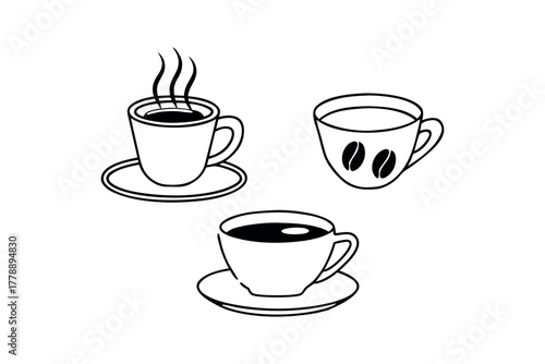 Three cups of steaming coffee and coffee beans