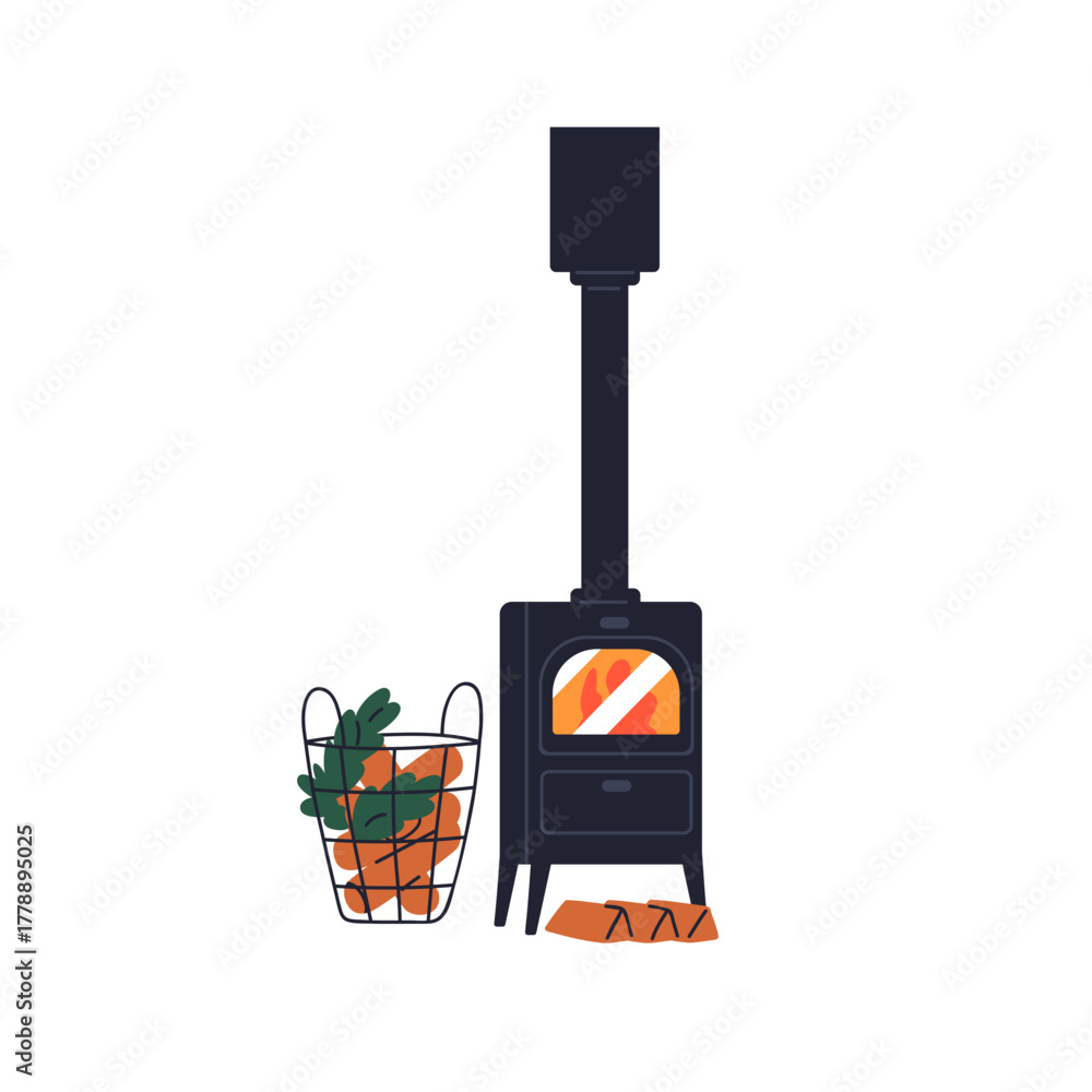 Fototapeta premium Fireplace with fire wood. Cozy home interior hearth, stove with burning flame, firewood, metal chimney. Indoor heat for warm winter holiday. Flat vector illustration isolated on white background