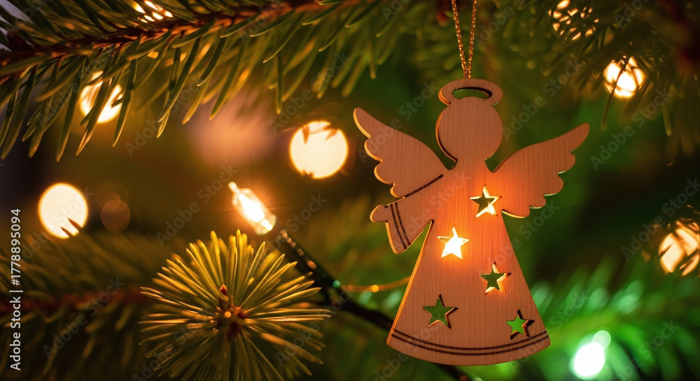 Obraz premium A delicate wooden angel ornament glows with warm light amidst a festive christmas tree adorned with bokeh lights
