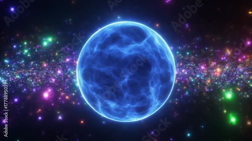 Abstract digital energy glowing sphere of moving particles and shiny clouds. Blue orb ball 