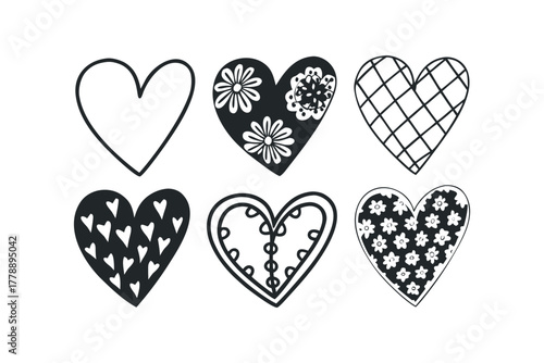 Six Hand Drawn Heart Icons with Diverse Fillings