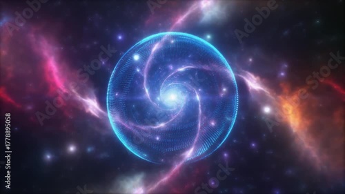 Abstract digital energy glowing sphere of moving particles and shiny clouds. Blue orb ball 