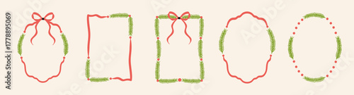 Christmas frame set with fir branches, ribbons, bows, and playful doodle lines. Festive vector design ideal for New Year invitations, greeting cards, posters, and decorations.Vintage hand-drawn style.