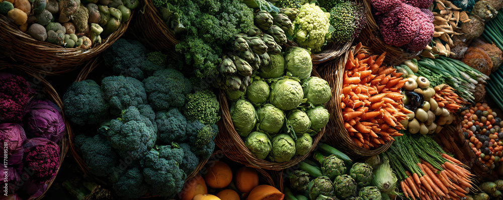 Fototapeta premium Fresh organic vegetables creating vibrant abundance at farmer's market display