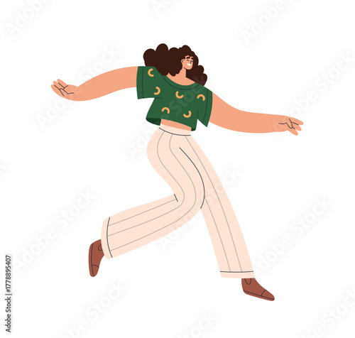 Happy young woman jumping, flying. Smiling excited female character enjoying, rejoicing, positive emotions. Carefree energetic joyful person. Flat vector illustration isolated on white background