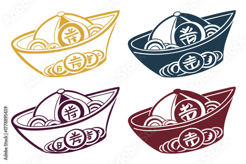 set of Chinese sycee ingot silhouette vector illustration isolated on white background