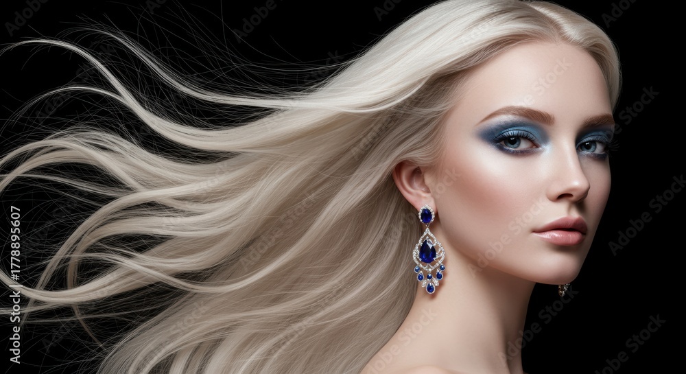Obraz premium Beautiful blonde woman with elegant makeup and sapphire jewelry in a beauty portrait featuring long flowing hair against a black background