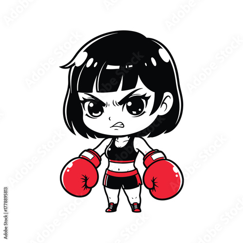 Cute anime girl boxer with red boxing gloves and determined expression ready for a fight