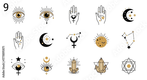 Magical Mystical Symbols, esoteric signs and fortune telling elements in a minimalist design with